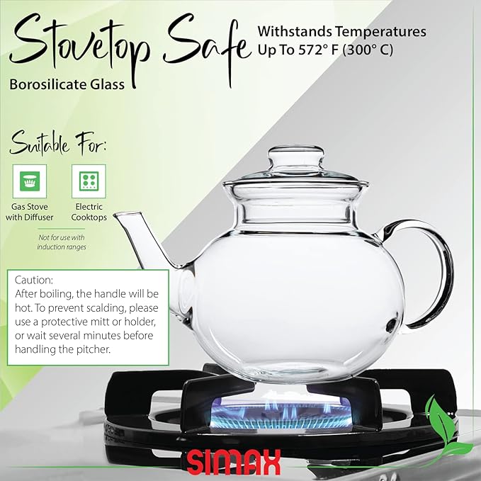 Simax Glassware 33 Ounce Glass Teapot | With Spout, Microwave and Stovetop Safe, Heat, Cold, and Thermal Shock Resistant Borosilicate Glass, Makes a Stunning Presentation…