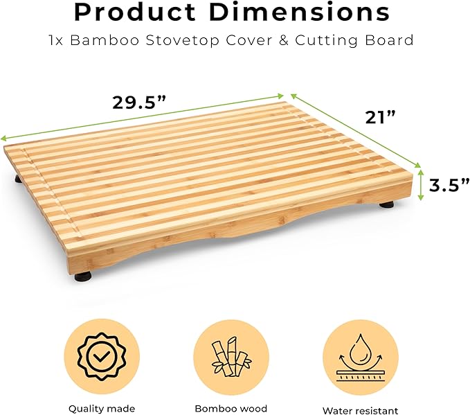 Prosumer's Choice Stovetop Cover Bamboo Cutting Board | Premium, Sustainable, Expands Kitchen Space, Easy to Clean - with Adjustable Legs and Juice Grooves - Large - 29.5"L x 3.5"W x 21"H
