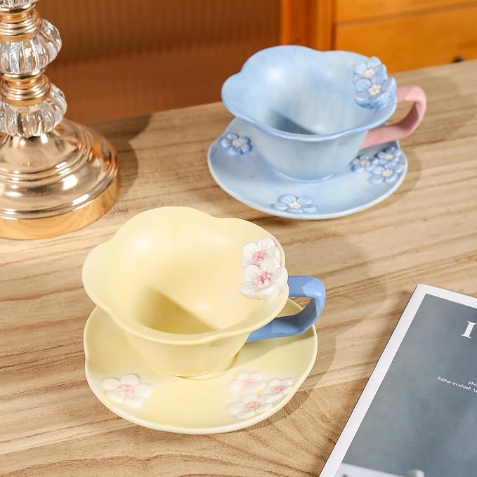Floral Tea Cups and Saucers, Ceramic Cute Coffee Mug for Women Tea Party, Cappuccino Latte Milk (Blue)