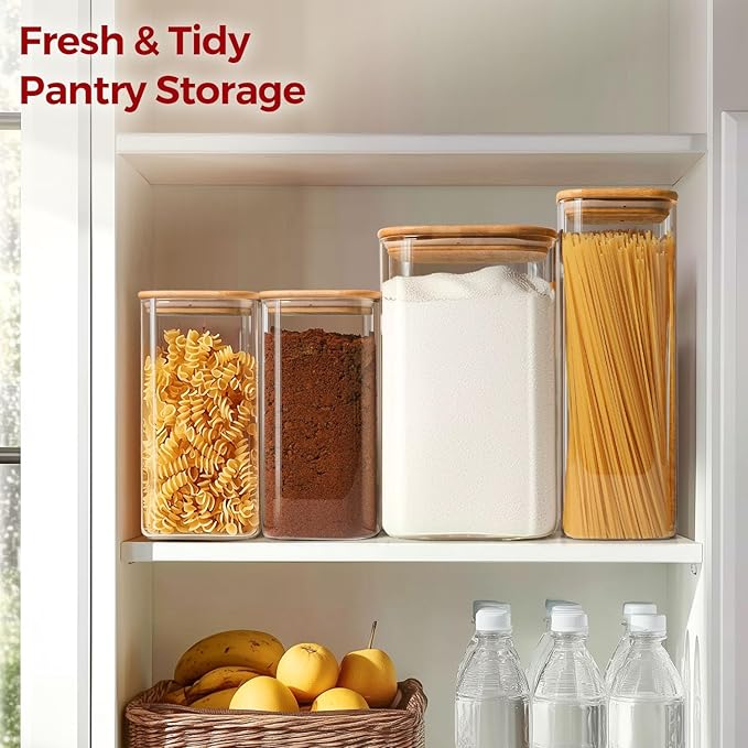 Glass Flour and Sugar Containers, Square Glass Containers with Bamboo Lids, Gallon Jars with Bamboo Lids for Cookies, Coffee Beans （2 pack 1.6/4.6 qt）