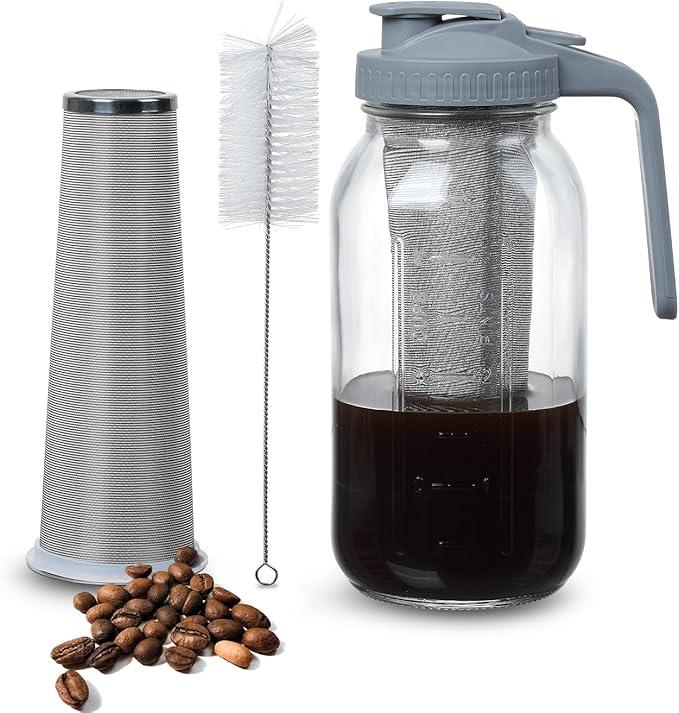 Cold Brew Coffee Maker Pitcher 64-ounce Glass Wide Mouth Mason Jar with Stainless Steel Filter and Pour Spout Handle Lid (Grey, 64Ounce)