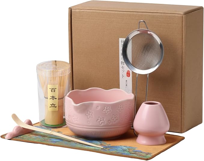 Matcha Whisk Set, Japanese Ceramic Matcha Bowl with Spout, Bamboo Whisk, Sifter, Scoop, Holder, Tea Cloth, 7-Piece Ceremonial Matcha Kit, Gift for Tea Lovers (pink)