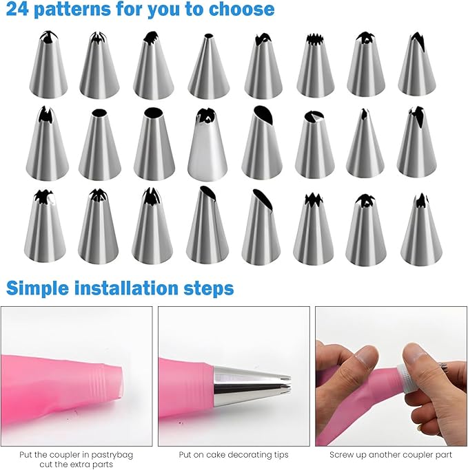 Generic Cake Decorating Kit; 83 Pieces; Pink; Flower Opening; Silicone & Stainless Steel Piping Tips