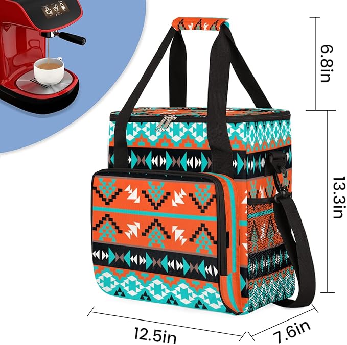Ethnic Geometric Boho Coffee Maker Carring Bag Travel Storage Tote Bag Compatible with Keurig K-Mini or K-Mini Plus Portable Single Serve Coffee Brewer Case with Pockets for K-cup Pods