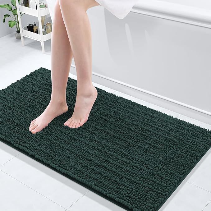 Arotive Luxury Chenille Bathroom Rug Mat, Extra Soft Thick Absorbent Shaggy Bath Rugs, Non-Slip Machine Wash Dry, Plush Bath Mats for Bathroom, Shower and Tub, 47x20, Dark Green