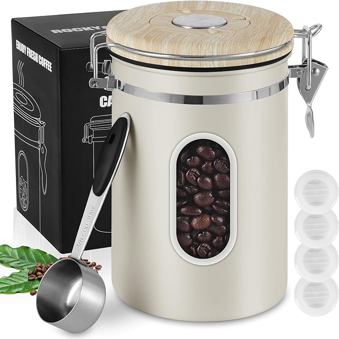 1800ML Airtight Coffee Canister with Date Tracker&Transparent Window, 22.8OZ Coffe Beans Storage with 30ML Measure Spoon&4 co2 Valve, Coffee Container for Grounds Coffee, Beans, Tea, Sugar(Beige)