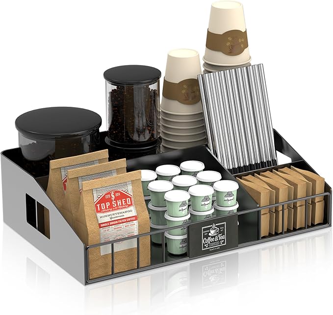 Metal Coffee Station Organizer for Countertop - Coffee Bar Organizer with Designable DIY Logo, K Cup Pods Holder & Tea Condiment Storage - Rustic Breakroom Kitchen Decor in Balck