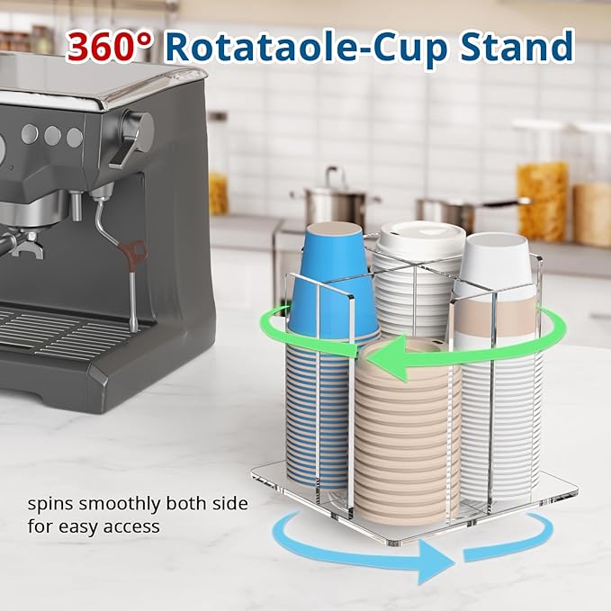 Cup and Lid Holder, 4 Compartment, Square | Rotating Coffee Cup Dispenser Lid Carousel for Restaurant, Buffet, Coffee Station, Bar, Countertop, Clear Acrylic