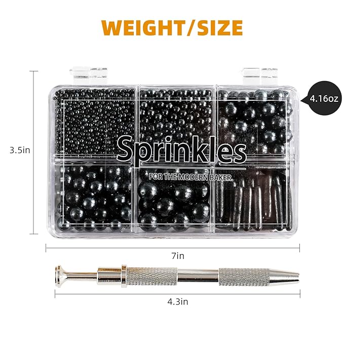 Kasvan Black Mix Sugar Sprinkles - Edible Candy Pearls with 4-Claw Sprinkle Pen,118g/4.16 Oz, Gift Box Pack, Baking Cake Decorations, Ice Cream Toppings and Cookie Decorating (Black)