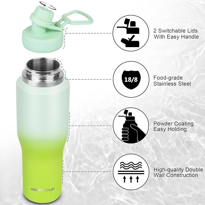 32oz Insulated Water Bottle, Fit in Any Car Cup Holder, Water Bottle with Straw Lids, Stainless Steel Insulated Water Flask Double Wall Leak-proof BPA Free to Keep Cold&Hot