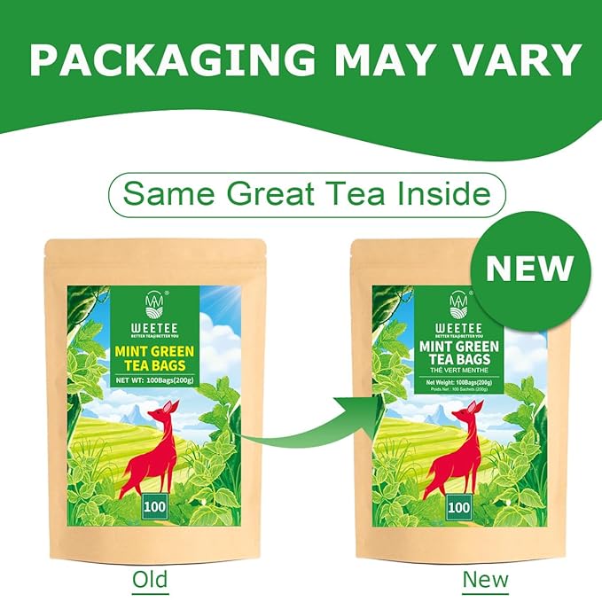WT WEETEE Mint Green Tea Bags, 100 Count, Perfect blend of Green Tea, Peppermint, Spearmint, Lemongrass, Lemon Balm, Low Caffeine Mint Medley Herbal Tea
