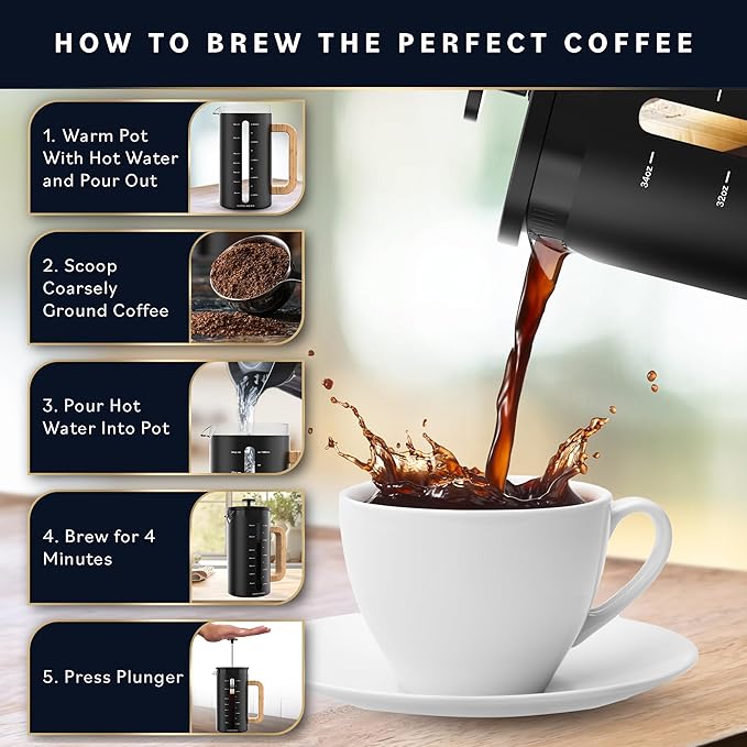 Home Hero French Press Coffee Maker - 34 oz Coffee Press with Bamboo Wood Handle, Heat Resistant Thick Borosilicate Glass French Presses, 4 Layer Filter, French Press Stainless Steel (Black)