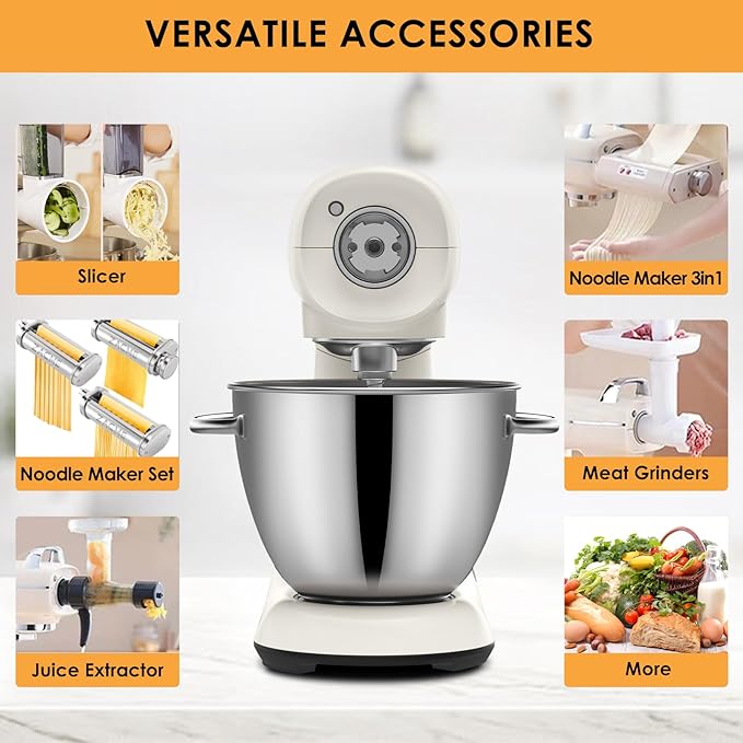 ZACME Mixers Kitchen Electric Stand Mixer 5.5QT 600W, Aluminum die casting and Gears, Dual Cooling System, Low Noise, DC Motor, LED Display and Timing Function, Tilt-head Metal Food Mixer, White