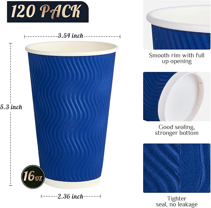JollyPack 120 Pack 16 oz Paper Coffee Cups, Blue Disposable Beverage Cups with Insulated Ripple Wall for Coffee, Tea, and Hot Chocolate