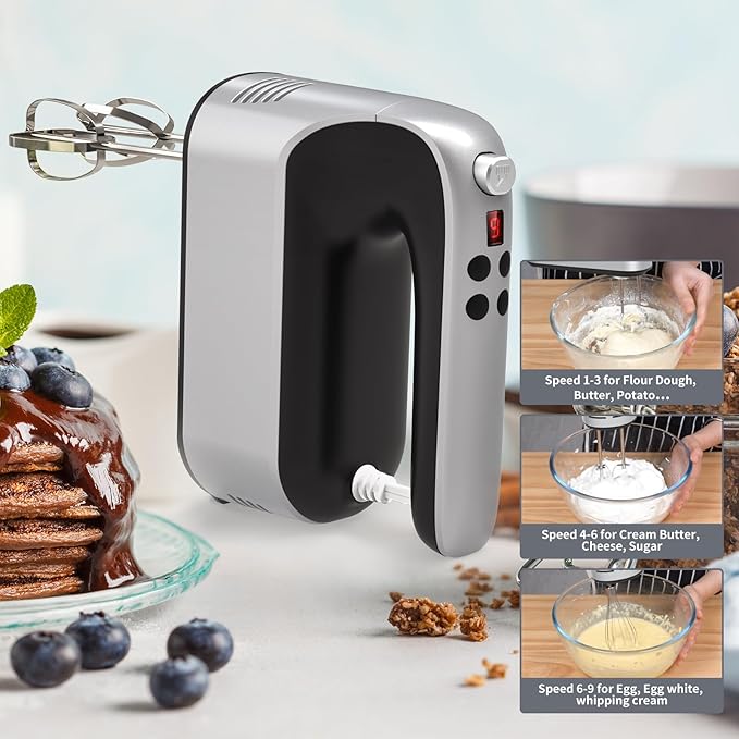 9-Speed Digital Hand Mixer Electric, 400W Powerful DC Motor Low Noise, Baking Mixer Handheld with Snap-On Storage Case, 5x Stainless Steel Accessories, Flat Beaters, Dough Hooks, Whisk