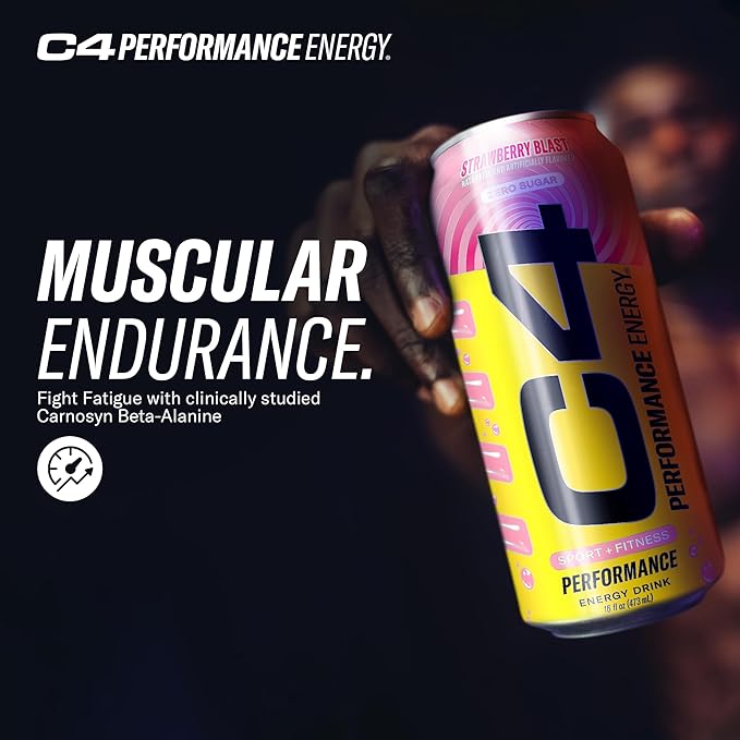 Cellucor C4 Performance Energy Drink | Strawberry Blast | Zero Sugar Carbonated Preworkout Energy | 200mg Caffeine with Beta Alanine | 16 Fl Oz (12 Pack)
