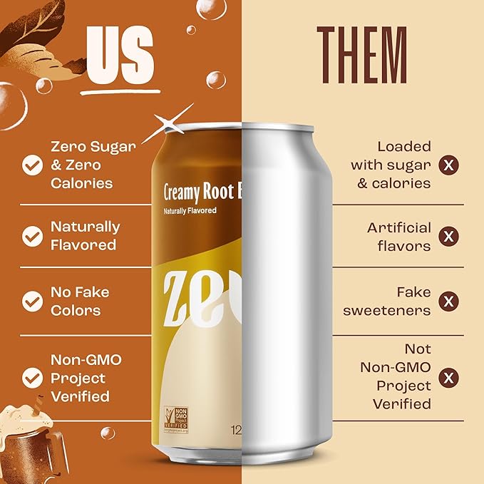 Zevia Zero Sugar Soda, Creamy Root Beer, 12 oz Cans (24-Pack) – Naturally Sweetened, Non-GMO Project Verified, Gluten-Free, Vegan