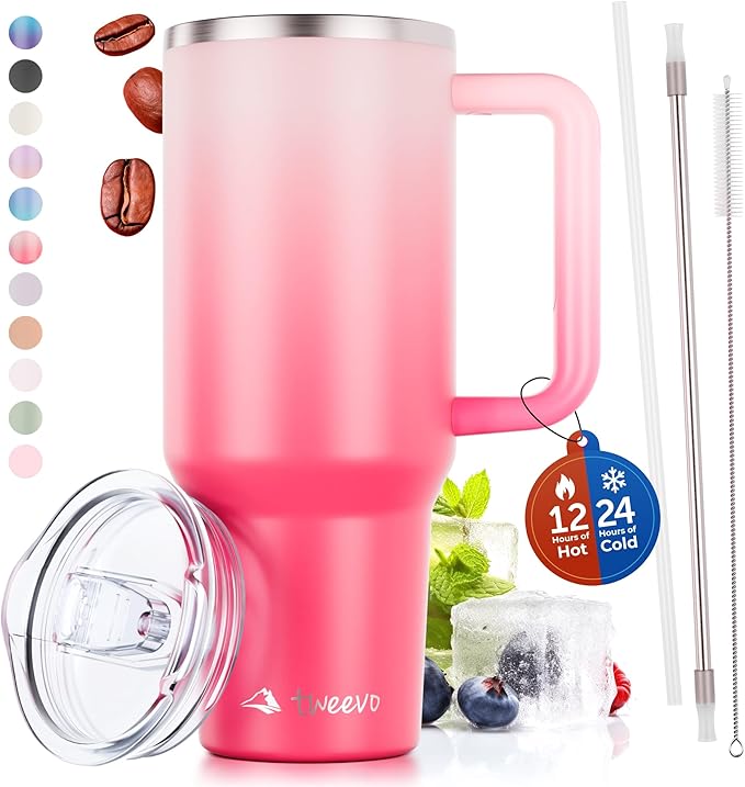 40 oz Tumbler With Handle and Straw Made of Stainless Steel - Double Wall Vacuum Insulated Tumbler With Lid - Sweat Proof Easy Grip, BPA-Free, Dishwasher Safe Tumbler (Misty Pink)
