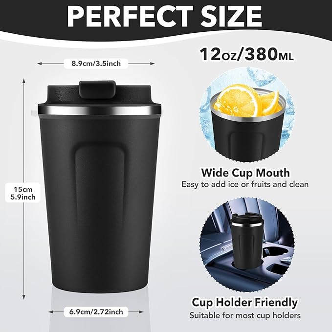 Volhoply 12 oz Double Wall Insulated Vacuum Travel Coffee Mugs with Flip Lid Bulk 2 Pack,Reusable Stainless Steel Leak Proof Coffee Cup,Portable Thermal Tumbler for Cold & Hot Drinks(Assorted,2 Set)