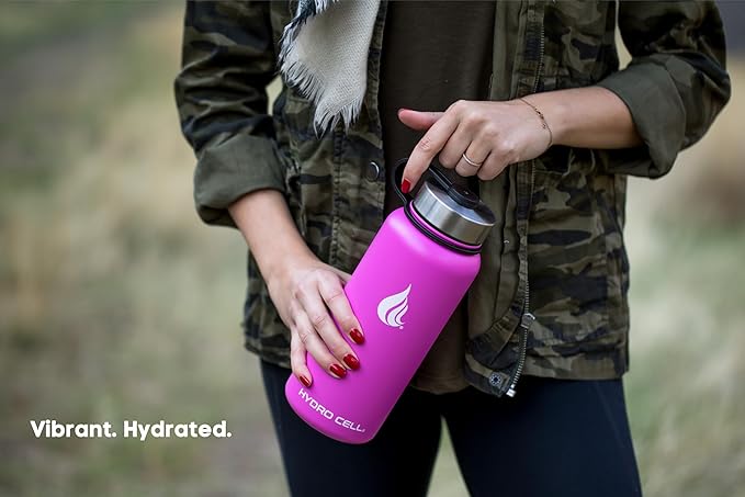 HYDRO CELL Stainless Steel Insulated Water Bottle with Straw - For Cold & Hot Drinks - Metal Vacuum Flask with Screw Cap and Modern Leakproof Sport Thermos for Adults (Fuchsia 32oz)
