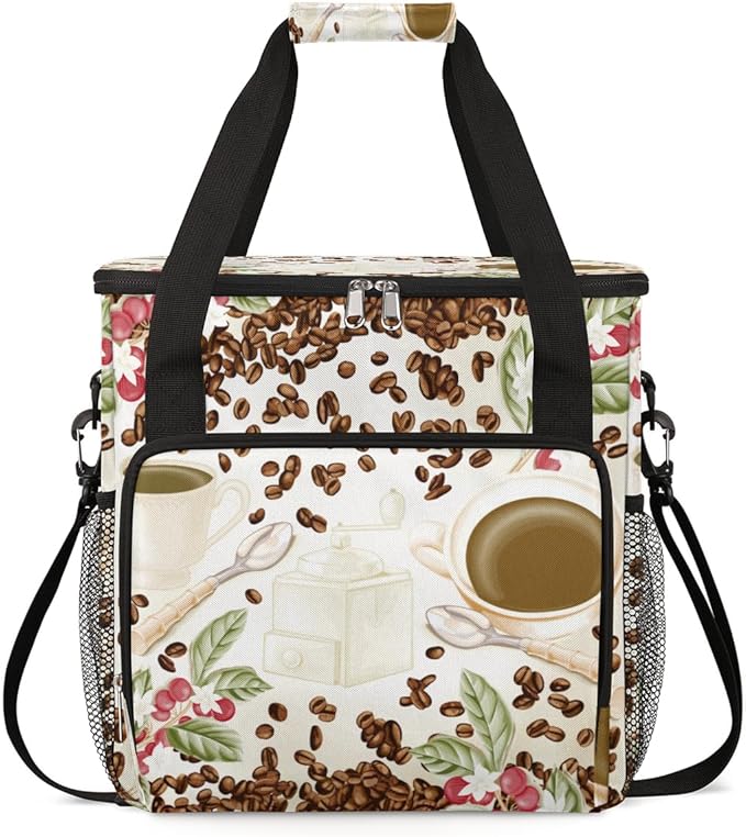 Watercolor Coffee Bean Coffee Maker Carring Bag Cafe Travel Carrying Storage Tote Bag Compatible with Keurig K-Mini or K-Mini Plus Portable Single Serve Coffee Brewer Case with Pockets for K-cup Pods