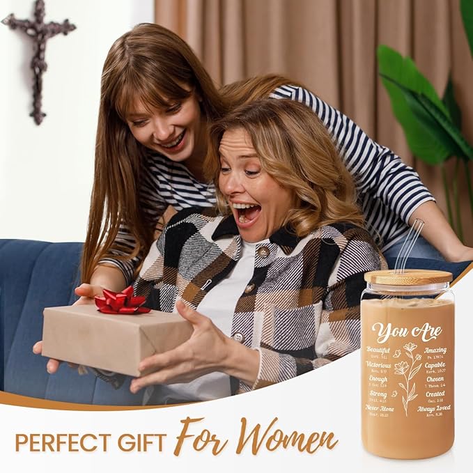 Christian Gifts for Women - Inspirational 16 Oz Can Glass Coffee Cup with Bamboo Lid & Straw - Religious Motivational Catholic Gifts for Womens Ladies