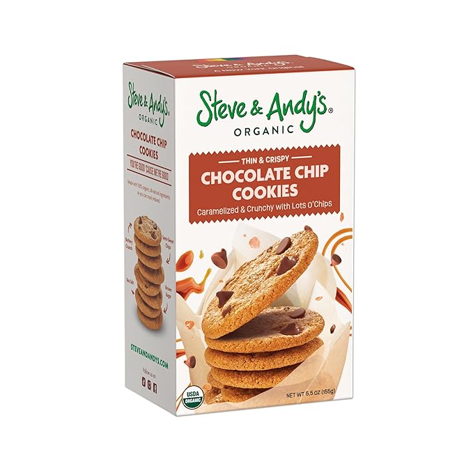 Steve & Andy’s Thin & Crispy Scrumptious Chocolate Chip Cookies - Organic & Gluten Free, Non-Gmo, Nut Free, Wheat Free, Soy Free - 1 Box, 5.5 Oz (10 Cookies)