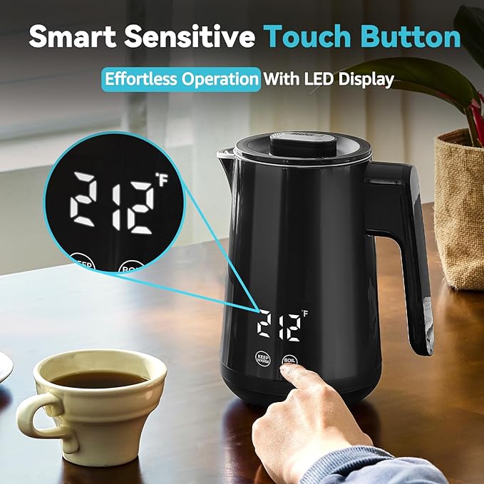 850ml Small Electric Kettle Temperature Control,800W Double Wall Electric Tea Kettle of 304 Stainless Steel,5 Temp Presets,Hot Water Kettle Electric,Auto Shut Off for Tea and Coffee-Black