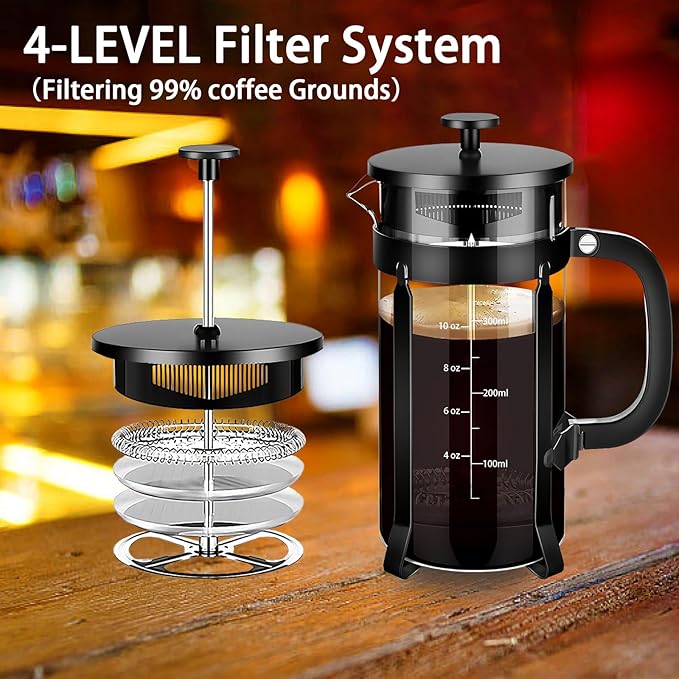 French Press Coffee Maker 304 Stainless Steel Coffee Press,with 4 Filters System, Heat Resistant Thickness Borosilicate French Press Glass, BPA-Free Brewed Tea Pot Coffee Plunger(Copper 12oz)