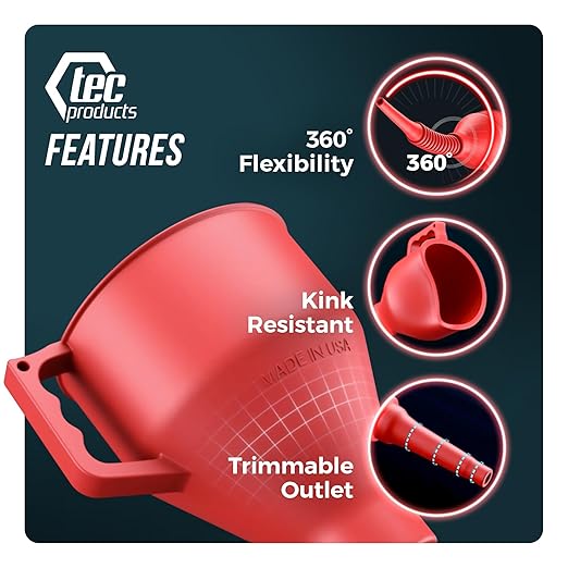 FlexAll Long Flexible Funnel for Automotive Use - Durable Nitrile Rubber - Ideal for Car Oil Change, Transmission Funnel Fluid, Diesel, Fuel, Gas - Made in USA - Red (12 x 4 Inches)