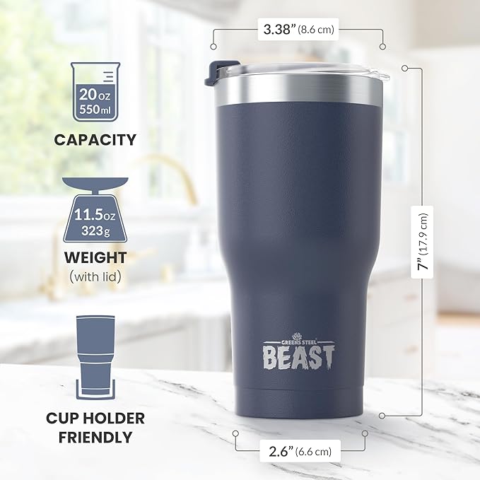 Beast 20 oz Tumbler Stainless Steel Vacuum Insulated Coffee Ice Cup Double Wall Travel Flask (Navy Blue)
