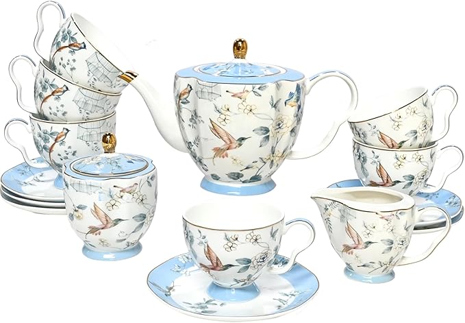 Bone China Tea Set, Porcelain Tea Sets for Adults, Blue and White Bone China Tea Cup Set for 6, Vintage Tea Sets for Women Tea Party