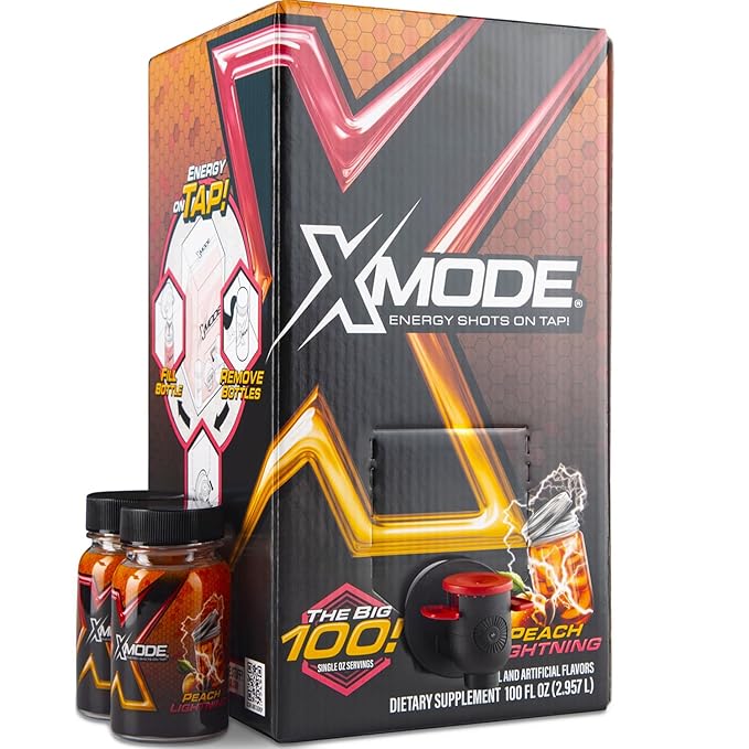 XMODE Energy Shots on Tap (Peach Lightning Flavor) – 100 Serving Dispenser with Refillable Bottles for On-Demand Energy at 150mg Caffeine Per Oz