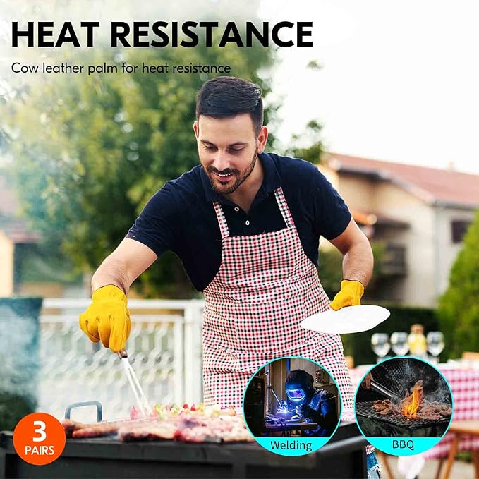 Vgo... 3-Pairs Unlined Cowhide Split Leather Work and Driver Gloves, for Heavy Duty, Truck Driving, Warehouse, Gardening, Farm (Size L, Gold, CB9501)