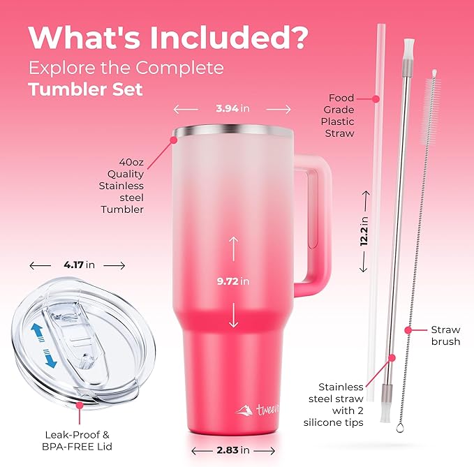 40 oz Tumbler With Handle and Straw Made of Stainless Steel - Double Wall Vacuum Insulated Tumbler With Lid - Sweat Proof Easy Grip, BPA-Free, Dishwasher Safe Tumbler (Misty Pink)