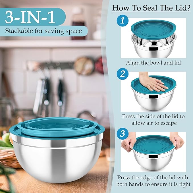 TeamFar Mixing Bowls, Stainless Steel Nesting Salad Bowls with Lids Set of 3 & 3 Grater Attachments, For Mixing/Serving/Storing, Non-toxic & Long-lasting, Size 4.6/3 / 1.5 QT, Navy Blue