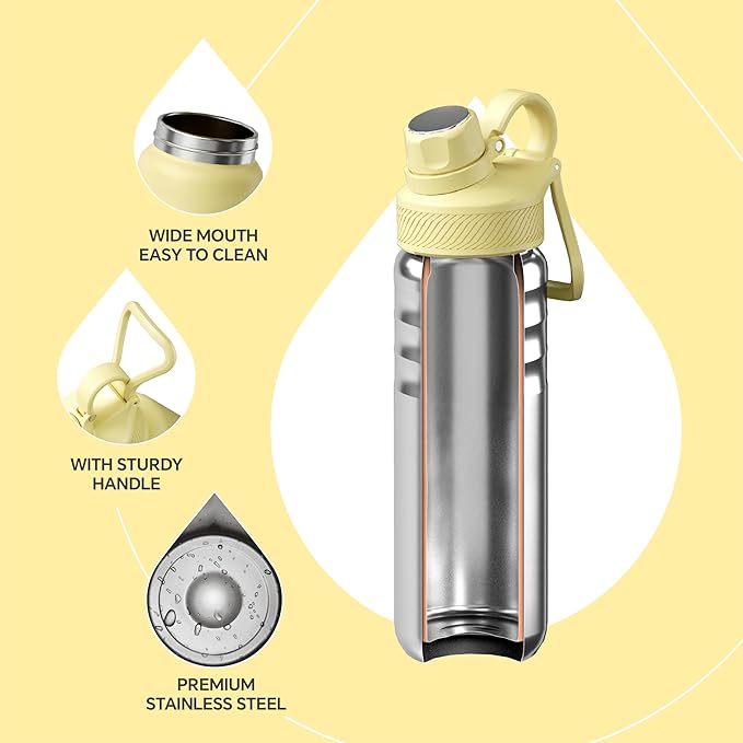 IDEUS Insulated Stainless Steel Water Bottle with 2 Leak-Proof Lids, Thermal Water Flask for Hiking Biking, 24oz, Light Yellow