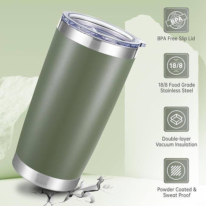 20 oz Tumblers Bulk Stainless Steel Tumbler with Lid Double Wall Vacuum Insulated Coffee Mug 20oz Powder Coated Cup for Hot and Cold Drinks, Army Green, 12 pack