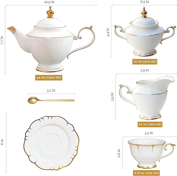ACMLIFE Tea Sets for Adults Fine Bone China Tea Set for 6, Porcelain Teapot Sets for Adults 24K Gold, Afternoon Modern Cups and Saucers for Women Tea Party or Gifts Giving (White)