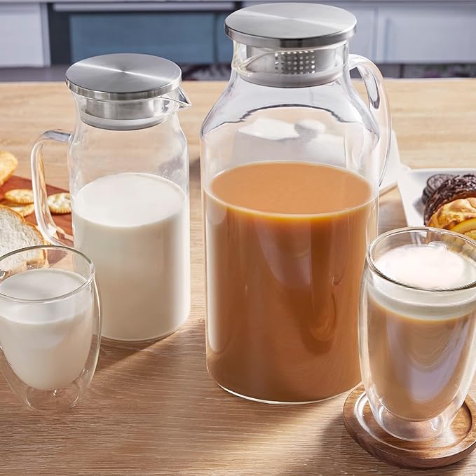 2.6 Liter 88 oz Glass Pitcher with Lid and Spout, Glass Water Carafe for Hot/Cold Water, Iced Tea Pitcher, Large Pitcher for Coffee, Juice and Homemade Beverage