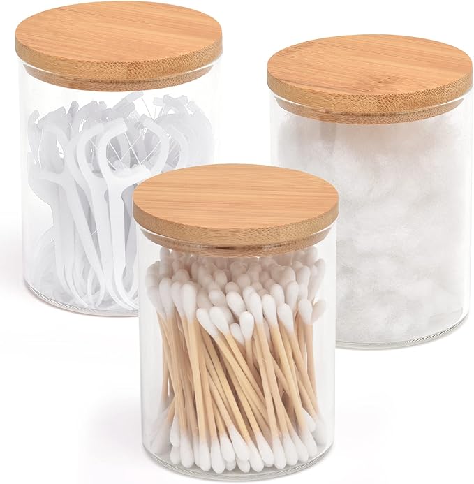 3 Pack Glass Qtip Holder Dispenser Set - Apothecary Jars with Lids for Vanity Makeup Organizer - Bathroom Canister Storage Organizer for Cotton Ball,Swab,Round Pads,Floss