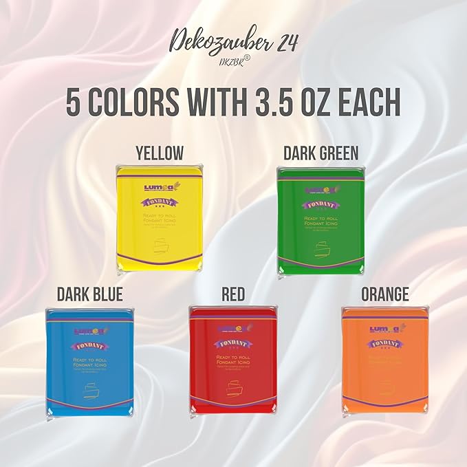 Dekozauber24 Fondant Icing Multipack, 5 Colors, 3.5oz (100g) rolling fondant per color, for decorating cakes and cupcakes in Orange, Dark Green, Dark Blue, Yellow and Red (Essentials)