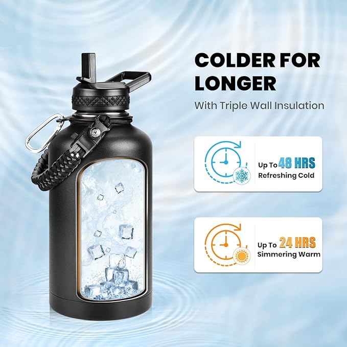 Insulated Water Bottle 64 oz, Triple Wall Vacuum Stainless Steel (Cold for 48 Hrs), Leak Proof & Non-BPA, Half Gallon Water Flask Jug with Paracord Handle & Straw Spout Lids, Magic Black