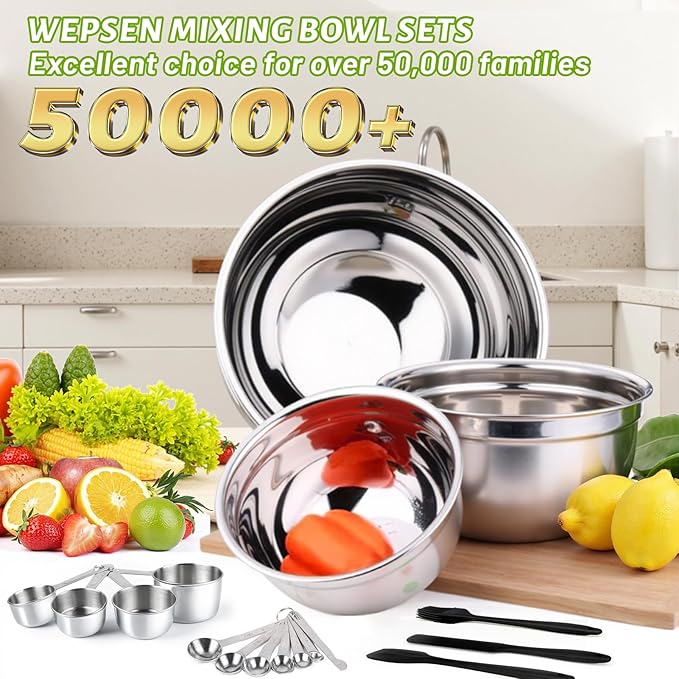 Mixing Bowls Set, 27PCS Stainless Steel Mixing Bowl with Lid Set, Large Nesting Bowls 7, 4.5, 3, 2.5, 2, 1.5QT, Measuring Cups and Spoons Baking Utensils Metal Bowl for Kitchen Prep
