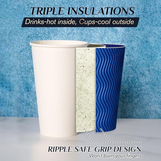 JollyPack 120 Pack 16 oz Paper Coffee Cups, Blue Disposable Beverage Cups with Insulated Ripple Wall for Coffee, Tea, and Hot Chocolate