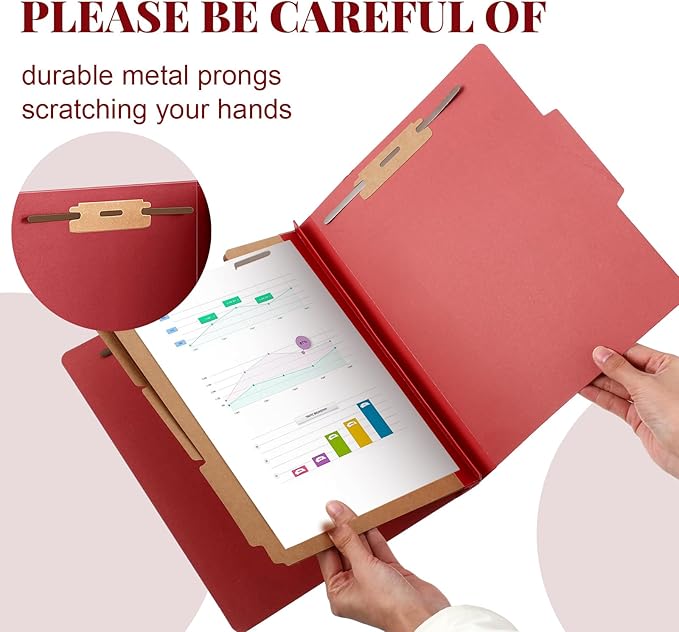 60 Pcs Classification Folders Letter Size, Back to School Supply for Teacher, Student, 3 Dividers Pressboard File Folder Bulk with 2 Fasteners, 3.5 Inch Expanding File Organizer (Red)