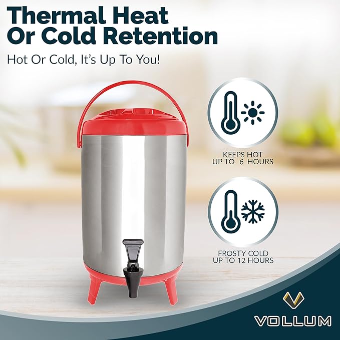 Stainless Steel Insulated Beverage Dispenser – Insulated Thermal Hot and Cold Coffee Carafe – 8 Liter Drink Dispenser with Spigot for Hot Water, Tea & Coffee, Cold Milk, Juice & More RED