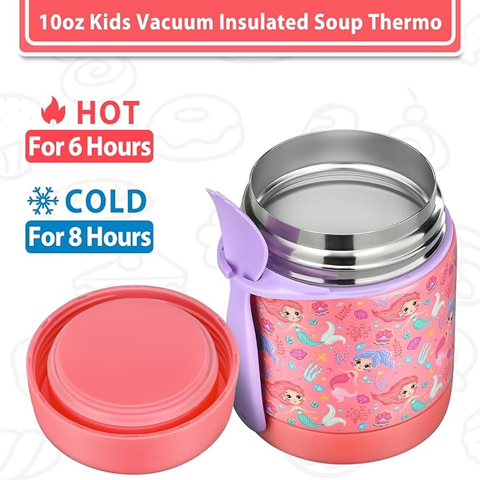 10oz Soup Thermo for Hot Food Kids,Lunch Thermo Kids Food Jar with Spoon Hot Insulated Food Containers,Leak Proof Stainless Steel Wide Mouth Lunch Food Thermo Jar for School(Pink-Mermaid)