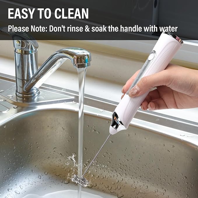 Rechargeable Milk Frother with Stand - 3 Speed Adjustable Electric Whisk, 3 Detachable Stainless Steel Heads for Latte, Cappuccino, Matcha, Egg (White)