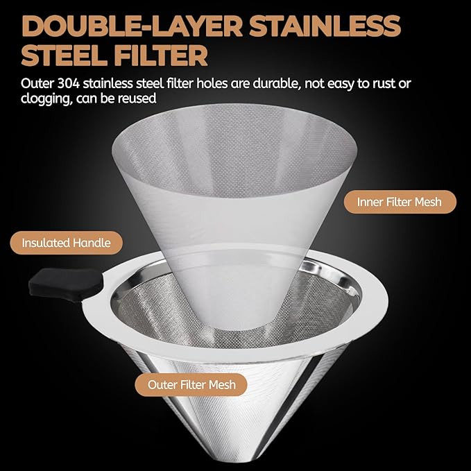 Pour Over Coffee Maker 1000ml with 304 Stainless Steel Filter and Wooden Collar Holder Borosilicate Glass Drip Coffeemaker Server Set Clear Hand Brew Dripper Carafe for Home Camping Travel 33.8oz